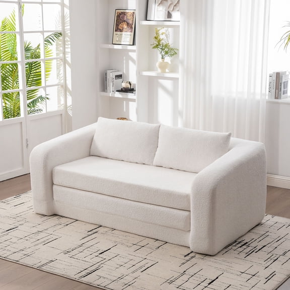 S-HOME 71 Inch 2-in-1 Convertible Chenille Loveseat Sofa Bed With Armrest And Backrest Pillows For Living Room Bedroom