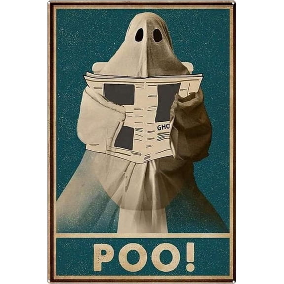 Retro Metal Tin Sign Poo Ghost Bathroom Wall Decor Funny Halloween Spooky Toilet Art 8 x 12 Inches