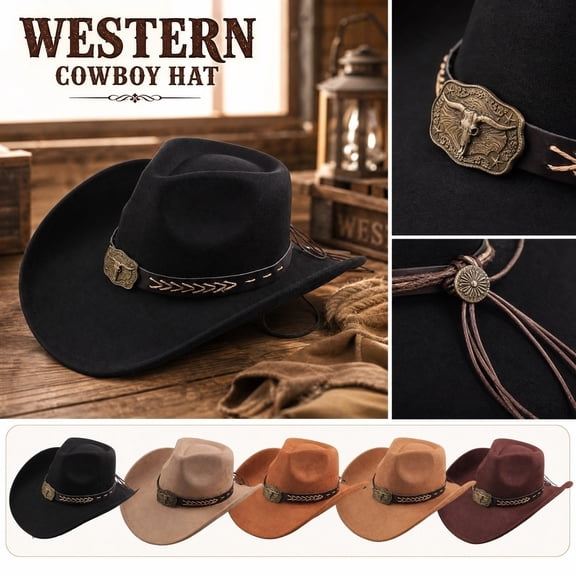 Cowboy Hat for Men Western Hat for Women Cowboy Felt Hat Adjustable Outdoor Hat with Buckle Belt,One Size