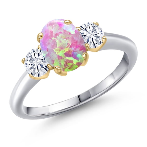 Gem Stone King 925 Silver and 10K Yellow Gold Simulated Pink Opal and White Moissanite Engagement Ring for Women | 1.51 Cttw | Oval Cabochon 8X6MM | Gemstone October Birthstone | Size 7