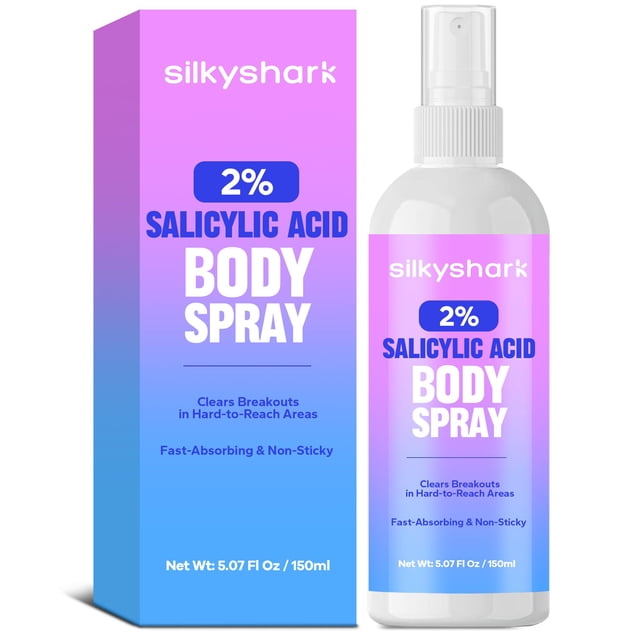 SilkyShark Spray de ácido salicílico (5.07 onzas líquidas) 2% de ácido salicílico en aerosol corporal Tratamiento para el acné corporal para acné, puntos negros e imperfecciones Espalda y pecho Spray