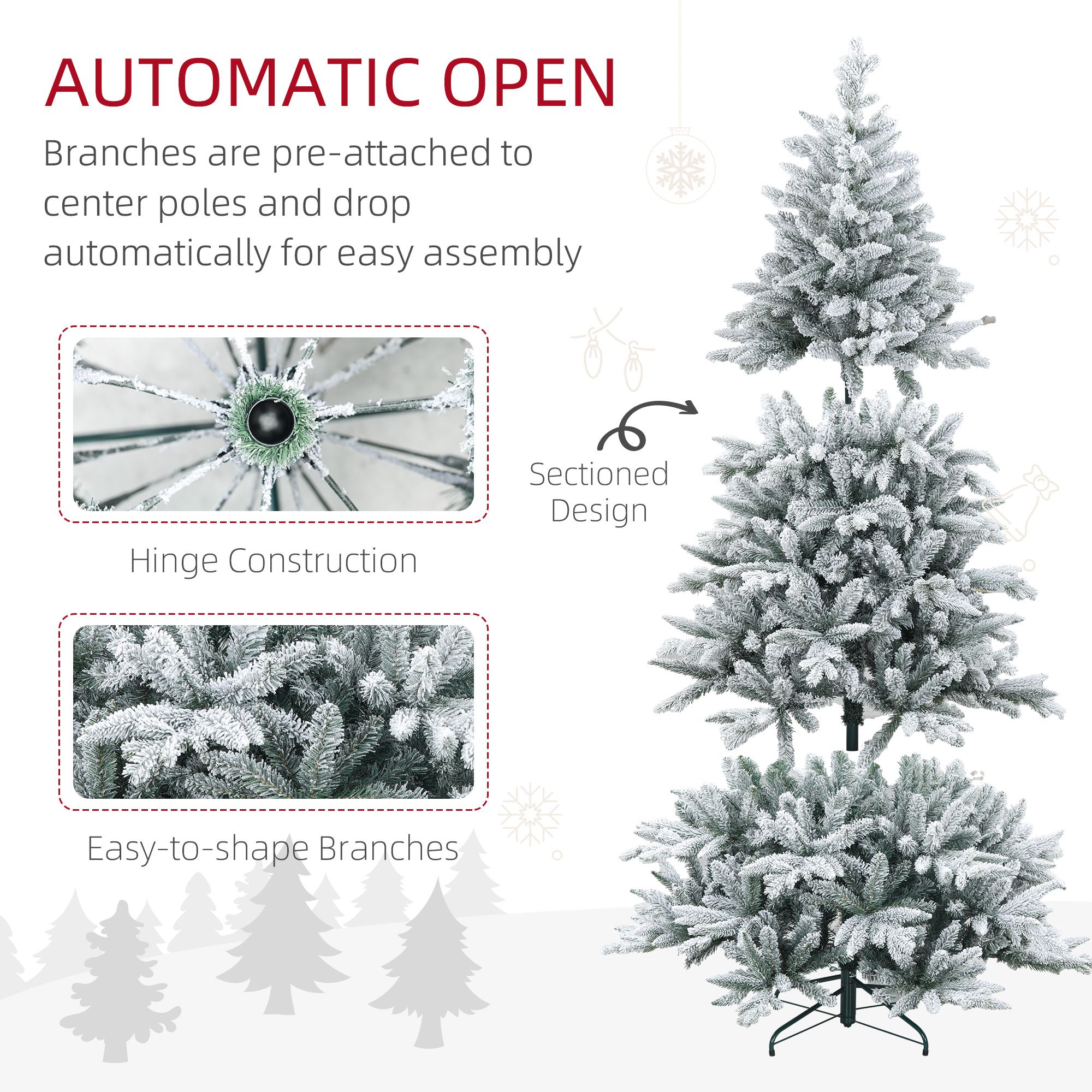 7 ft Artificial Flocked Christmas Tree with Snow Tips, Hinged Branches, 1401 Tips, Indoor Holiday Decor for Home and Office