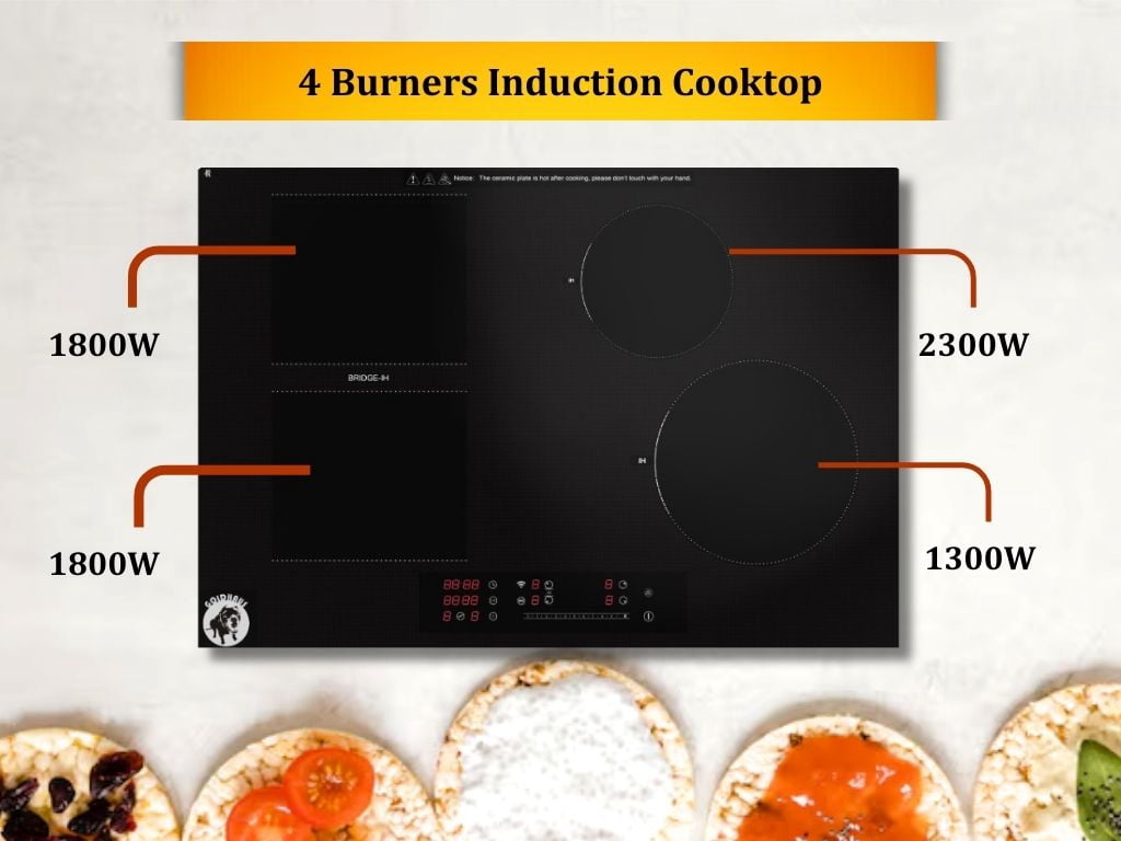 30 Inch Induction Cooktop, 4 Burners with 2500W Booster, Touch Slider Control, 99-Min Timer, WiFi Connectivity, Auto Shut-Off, Built-in Electric Hob, Black Ceramic Glass, 220-240V Hardwired