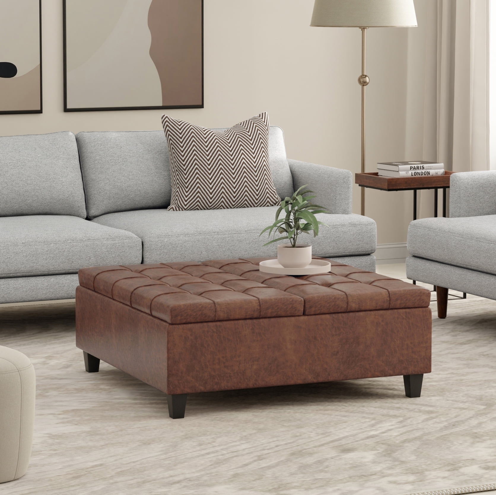 Harrison 40 inch Wide Transitional Large Square Coffee Table Storage Ottoman in Distressed Saddle Brown Vegan Leather