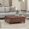 thumbnail image 4 of Harrison 40 inch Wide Transitional Large Square Coffee Table Storage Ottoman in Distressed Saddle Brown Vegan Leather, 4 of 11
