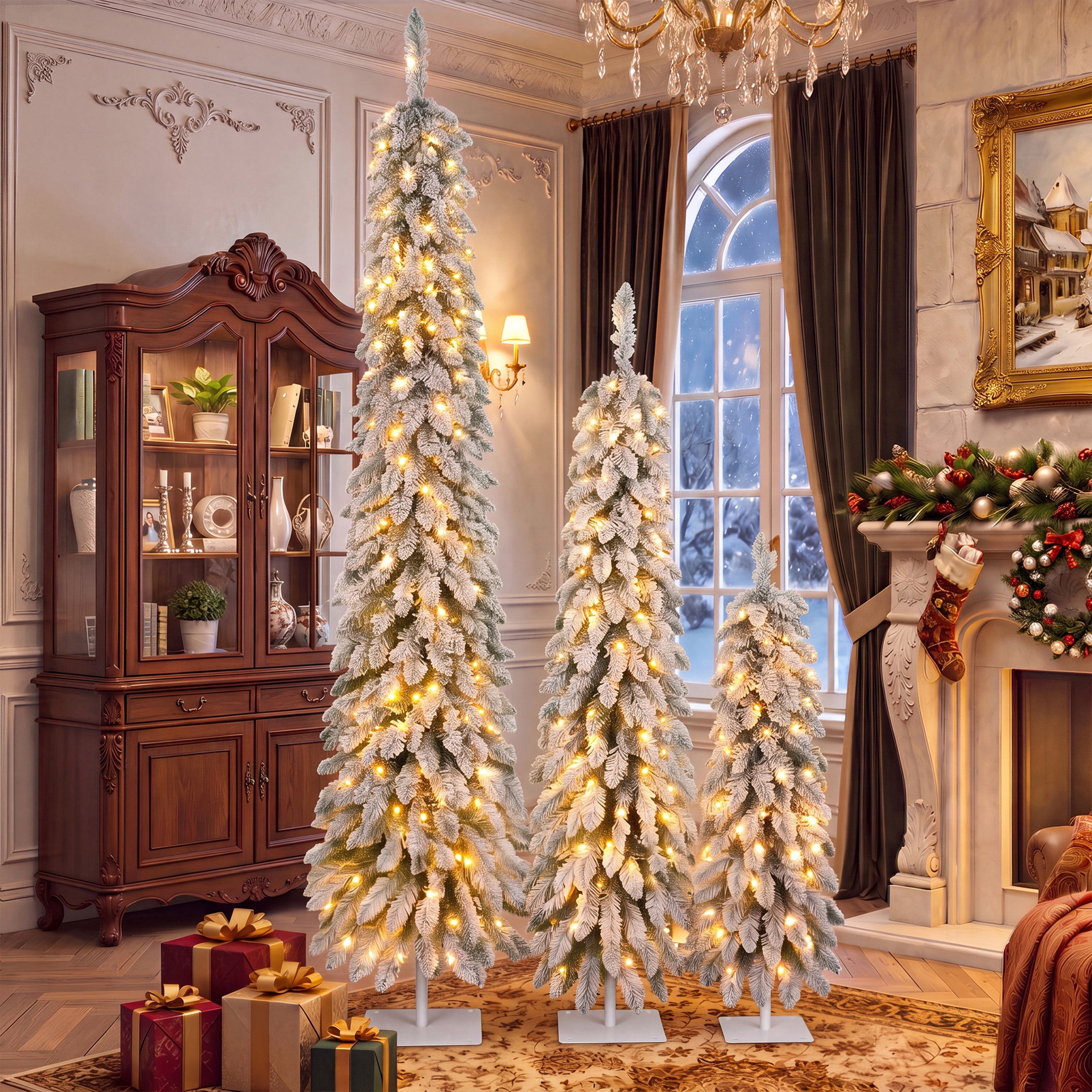 Set of 3 Snow Flocked Pre-Lit Pencil Christmas Tree, Slim Artificial Xmas Tree with Warm White LED Lights, Metal Base, Indoor Holiday Decor