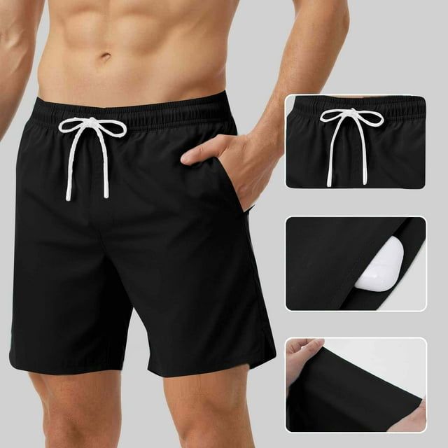 Ceisia Men's Shorts Athletics Elastic Waist Solid With Large Pockets For Camping Hiking & Black L Gift
