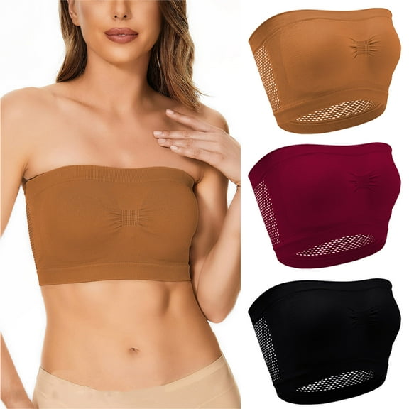 dazeni 3Packs Women's Seamless Bandeau Bras Strapless No Underwire Bralette Breathable Crop Tube Top Bra Basic Color