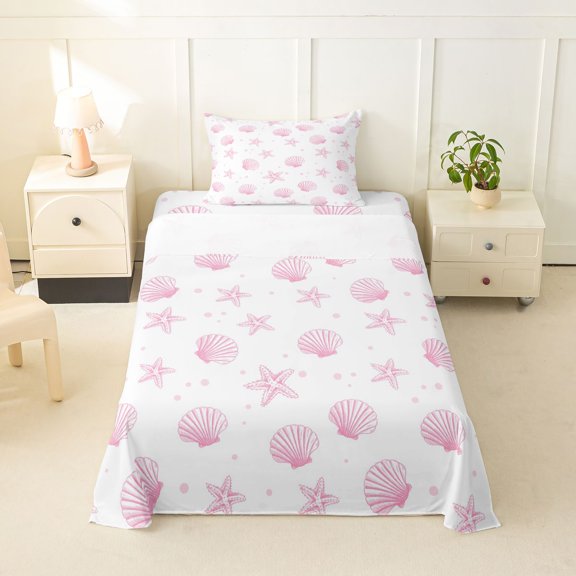 spefrowx Simple Line Shell Twin Sheets for Girls, Pink Dot Starfish Coastal Bedding, 3pcs, 1 Flat Sheet, 1 Fitted Sheet and 1 Pillowcase