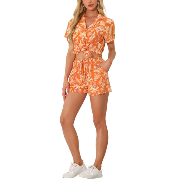 Conjuntos de Mujeres de Hawái de 2 Piezas, Camisa Floral de Botones y Pantalones Cortos, Ropa Casual para Vacaciones Tropicales en la Playa 2026 XS Naranja Amarillo