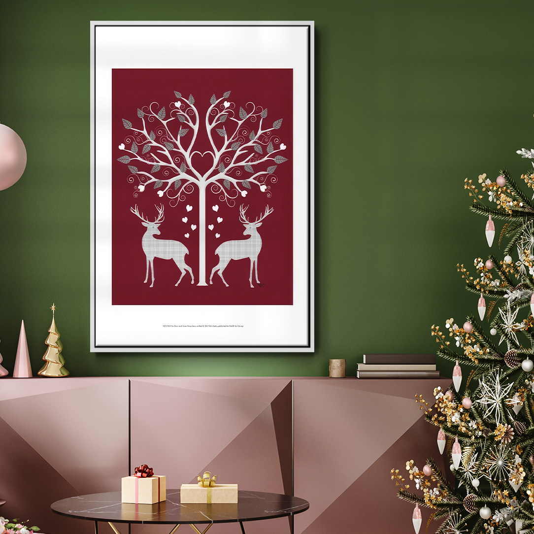 Christmas Des - Deer and Heart Tree, Grey on Red - Framed Gallery Wrapped Holiday Canvas - 25 x 37 - White Frame