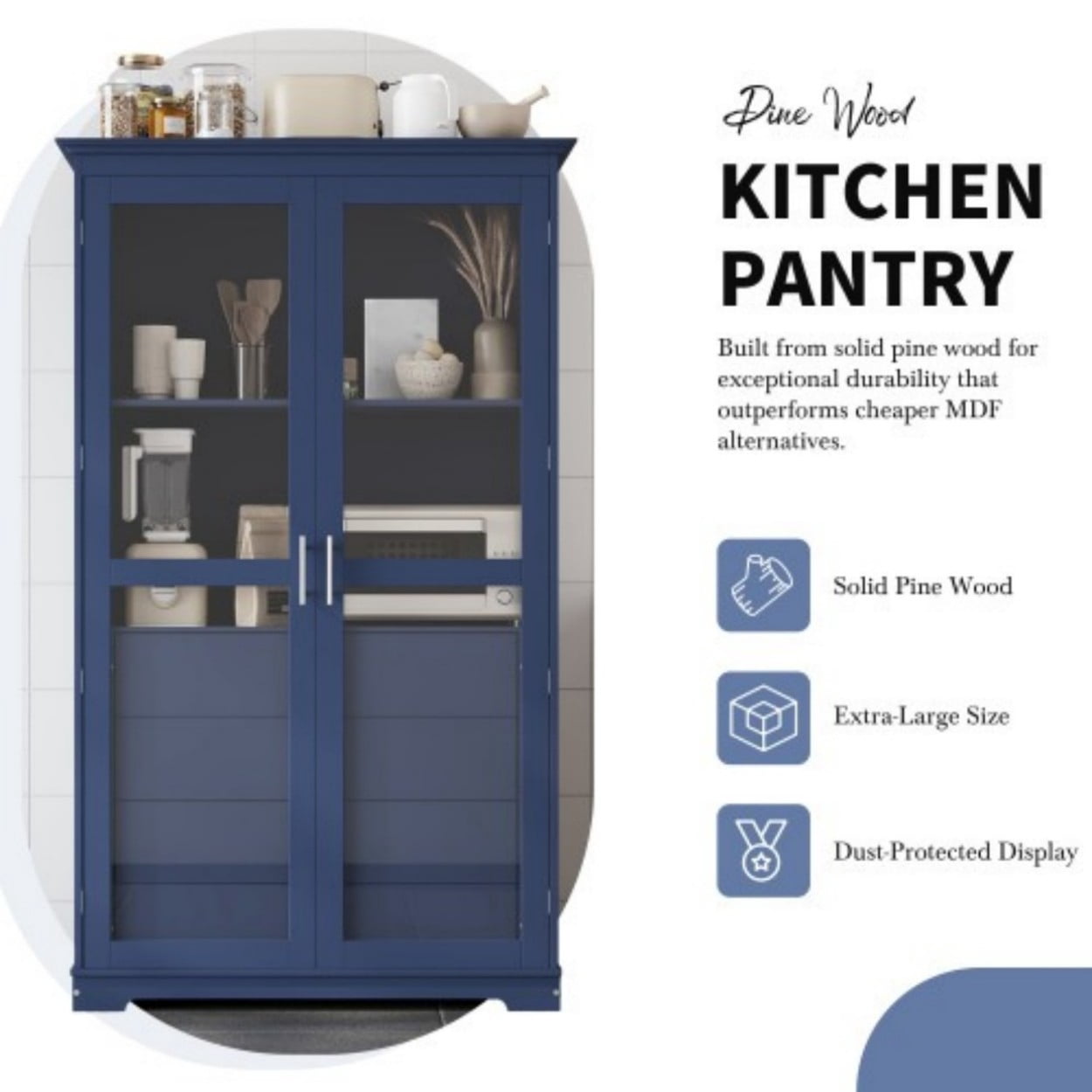 75" Kitchen Pantry Cabinet with Glass Doors, 4 Drawers & Storage Shelf, Large Freestanding Pine Wood Cabinet Organizer for Kitchen Dining Room Living Room Home Office, Blue