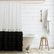 Shaina White and Black Farmhouse Shower Curtain 72 x 72 with Shabby Chic Ruffles and French Country Style Buttons - Modern Farmhouse Shower Curtain Fabric