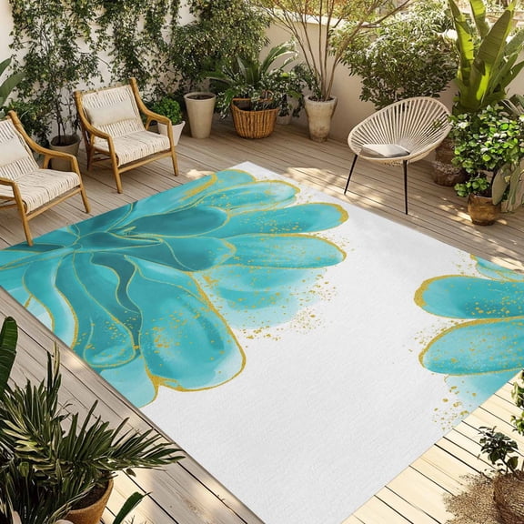 Turquoise Outdoor Rug 4x6 Ft - Reversible Patio Rug Outdoor Camping Rugs, Modern Gold Solid Tie Dye Watercolor Floral Washable Indoor Outdoor Area Rugs, Non-Slip Outdoor Carpet Runner for Deck/Porch