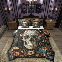 Manfei Floral Skull Bedding Sets Twin Size,Gothic Style Comforter Sets with Sheets,Happy Halloween Bed in a Bag Twin size,Ultra Soft Exotic Bedroom Decorative,Reversible,7-Piece
