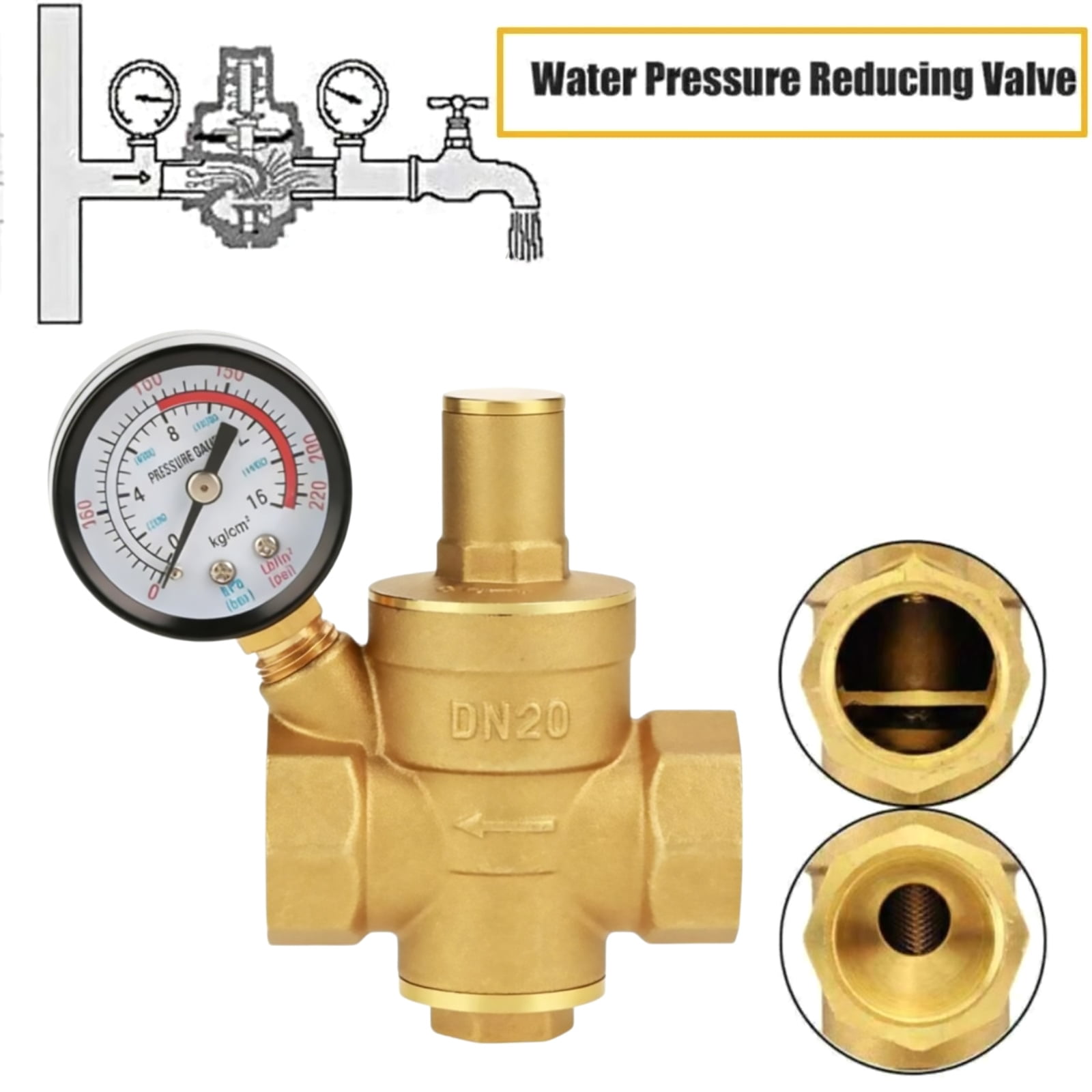 GUYUTING Brass Pressure Regulating Valve 3/4 Inch Connector PN1.6 Rating For Residential Water Heater Purifier Faucet Installation