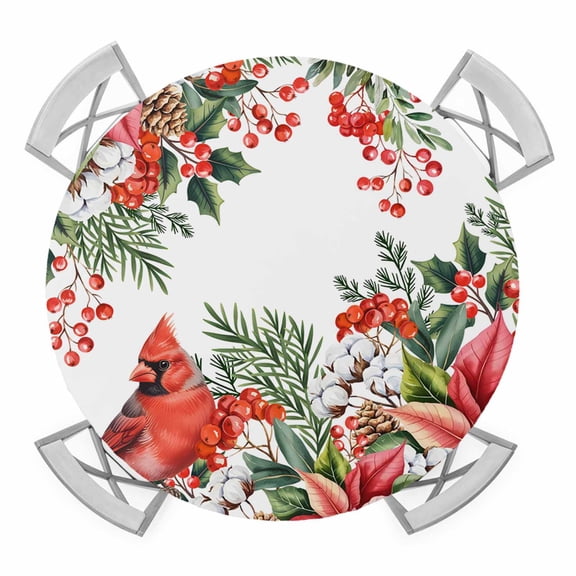 Elastic Fitted Round Tablecloth, Cardinal Bird Waterproof Stretch Table Cover for 36"-44" Tables, Winter Poinsettia Berry Pine Cones Floral Washable Outdoor Tablecloths for Patio, Picnic, Camping