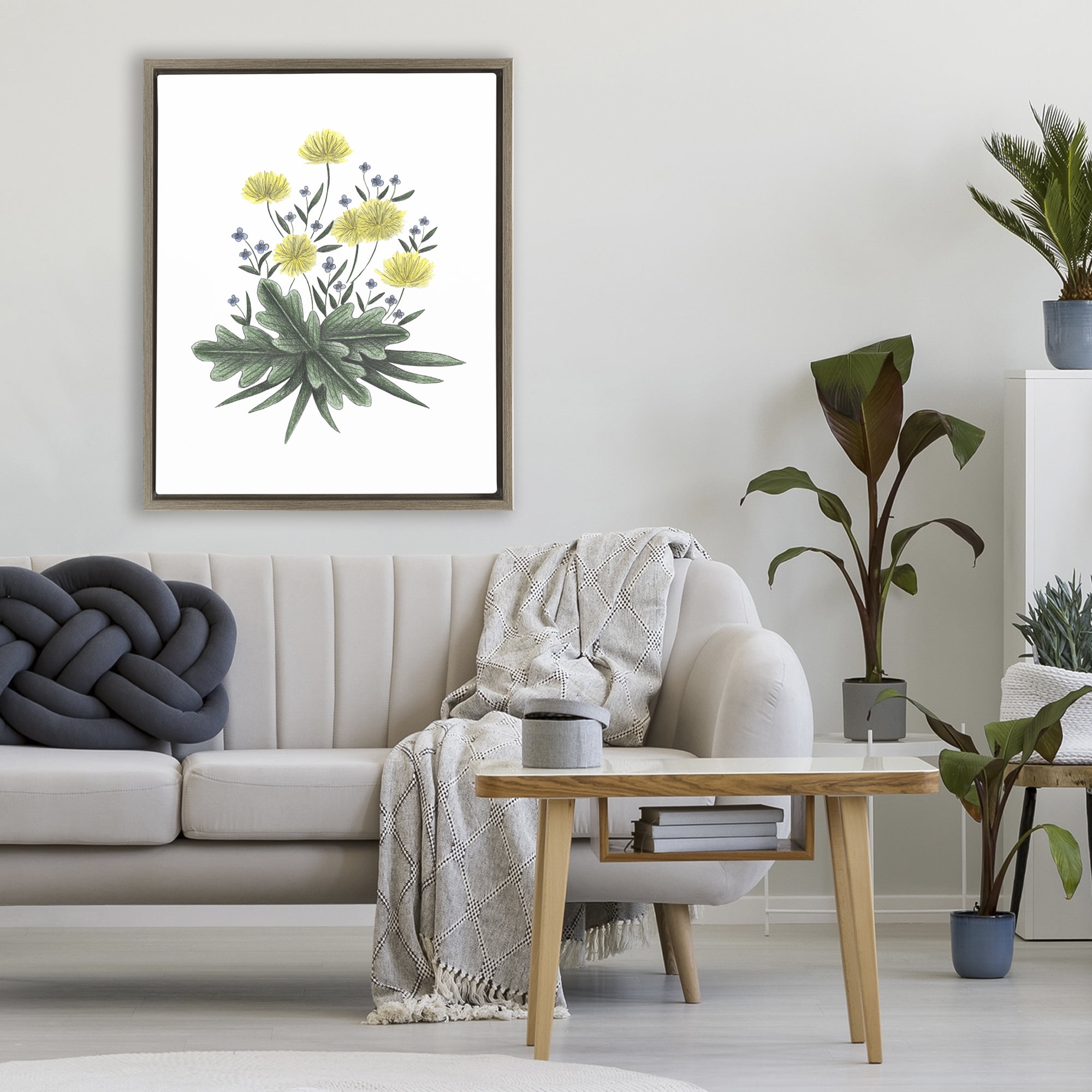 Dandelion Flower Illustration Brown Framed Floater Canvas Wall Art, design by Cecilia Battaini
