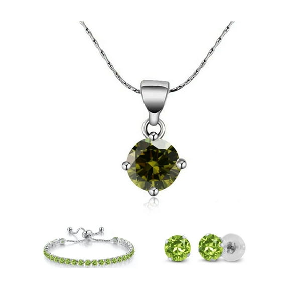 Paris Jewelry 18k White Gold 6 Ct Round Created Peridot Set of Necklace, Earrings and Bracelet Plated