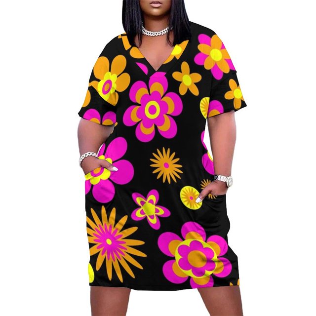 Vestido holgado con bolsillos y estampado floral de los años setenta, fondo negro, para mujer, verano 2025