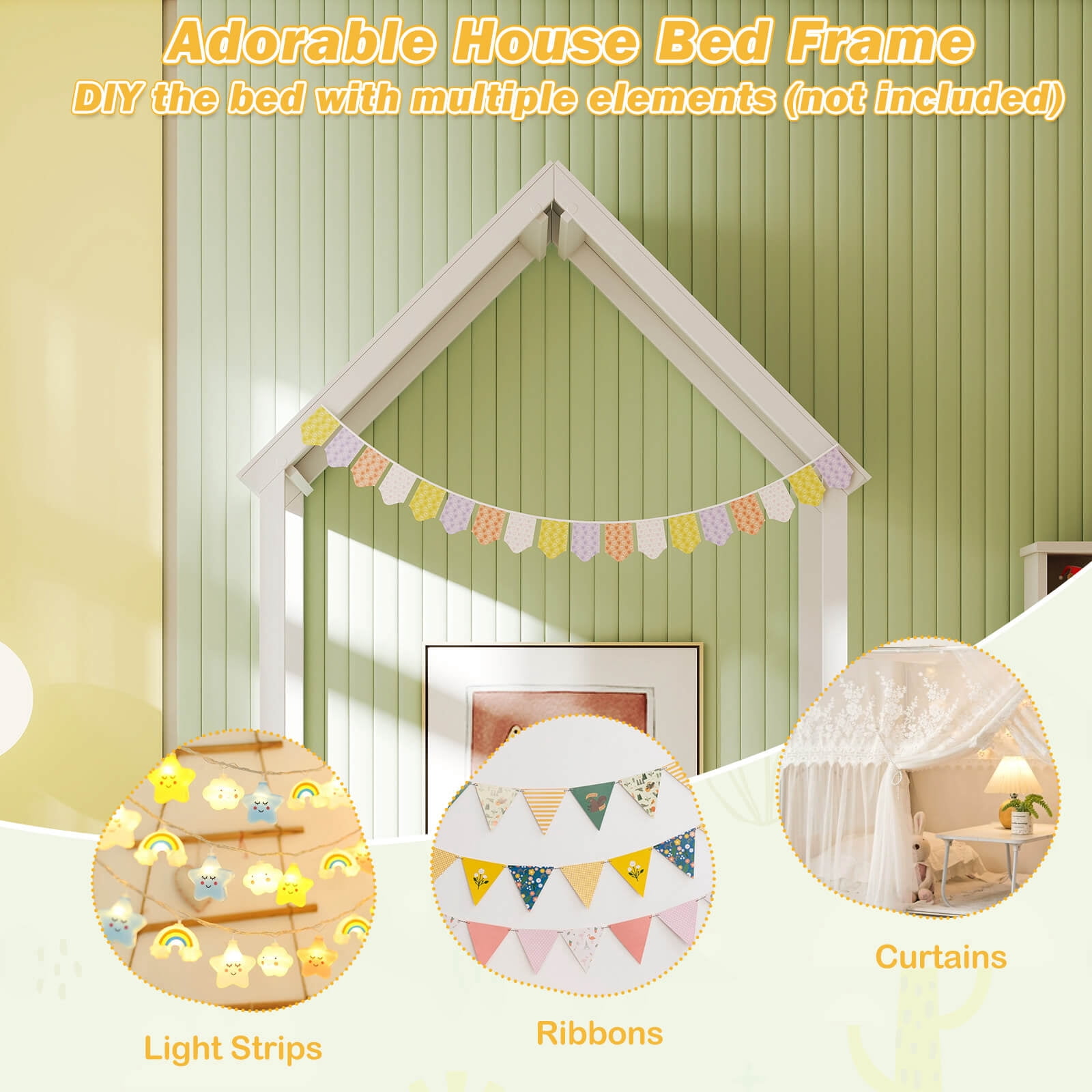 Costway Twin Size House Bed Montessori Floor Bed with House Shape Roof & Semi-Fence White