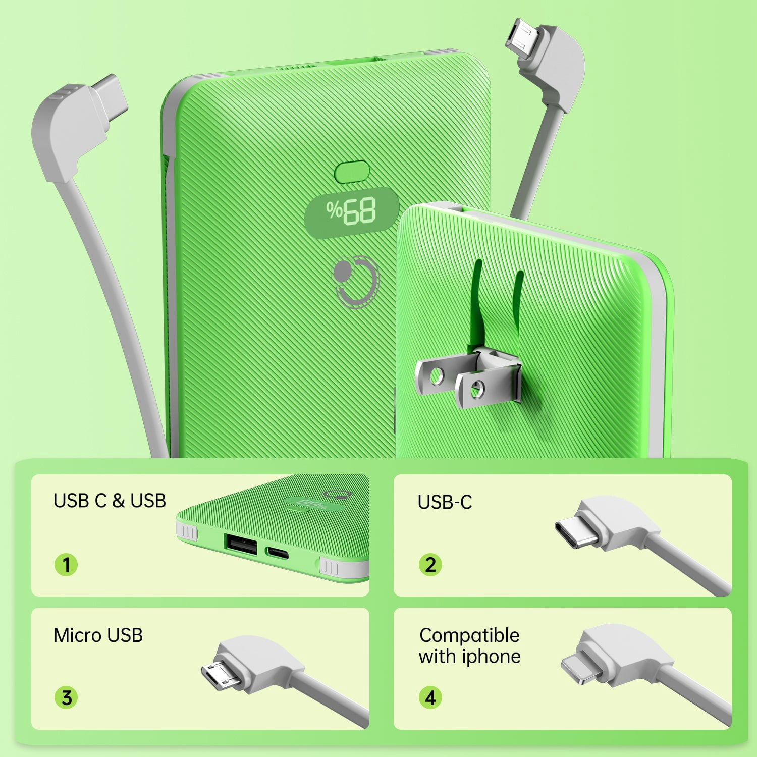 Q PD20W 10000mAh Portable Power Charger with Built-in Cables AC Wall Plug, USB C Fast Charging Power Bank with 3 Cords,5 Output External Battery Compatible with iPhone,Tablet & All Smart Phones