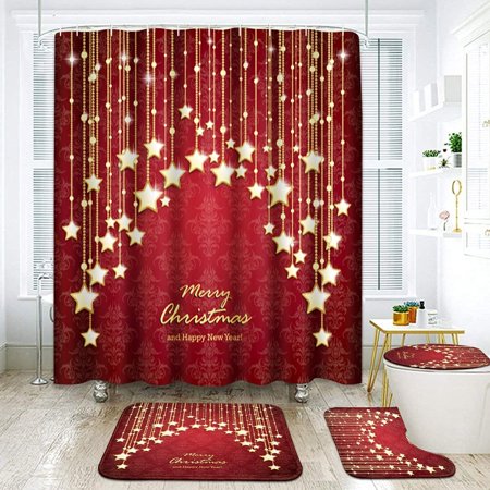 ZHANZZK Christmas Stars Red Ornaments File 4 Piece Bathroom Set Shower Curtain Bath Rug Contour Mat and Toilet Lid Cover