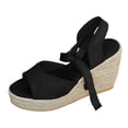 thumbnail image 5 of Rokment Womens Platform Wedge Strappy Dressy Sandals Bride Wedding Elegant Casual Suede Peep Toe Espadrilles Chunky High Heels Beach Dress Summer Shoes Black Size 8.5, 5 of 6
