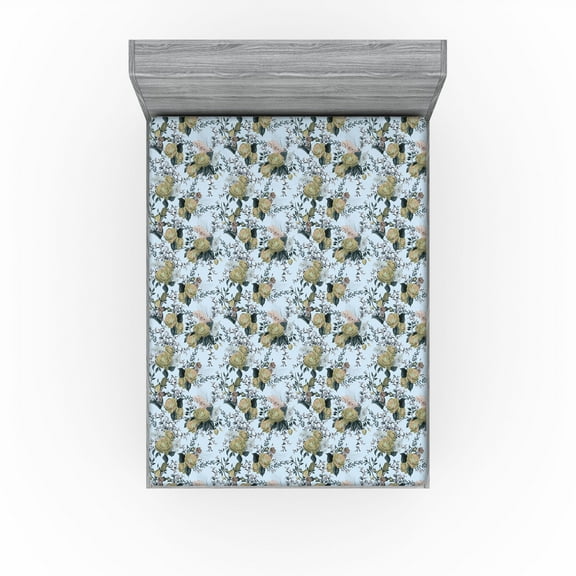 Ambesonne Floral Fitted Sheet, Blossoming Roses Romantic, California King, Pale Azure Blue Evergreen