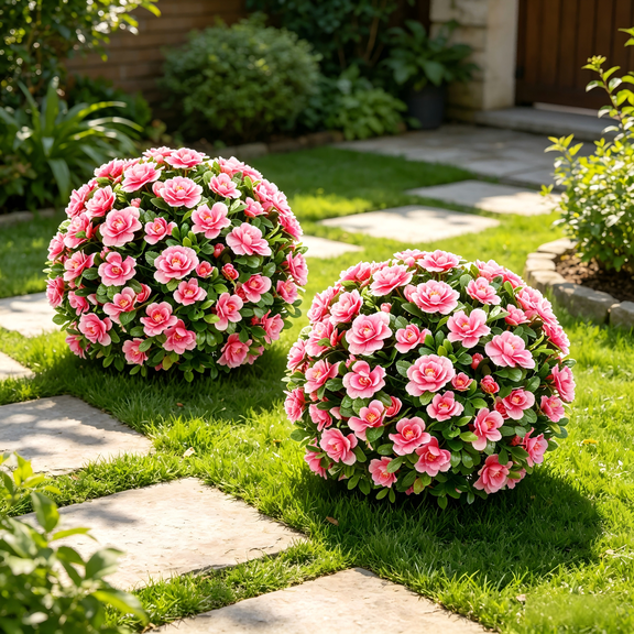 Set of 2 Artificial Azalea Topiary Balls with Stake, 23.6" UV Protected Fake Azalea Plant for Outdoor Garden Patio Decor