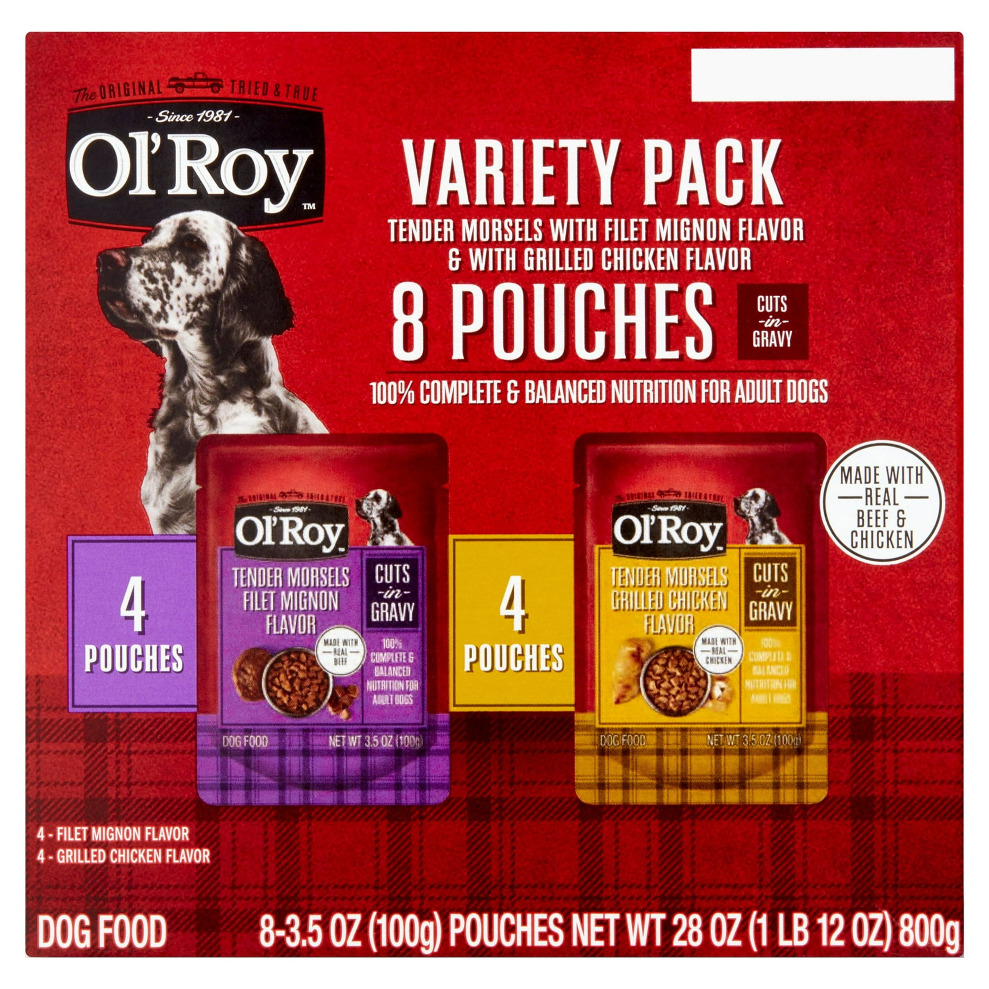 Ol' Roy Tender Morsels Filet Mignon and Grilled Chicken Cuts in Gravy Variety Pack, 3.5 oz Pouches, 8 Pack