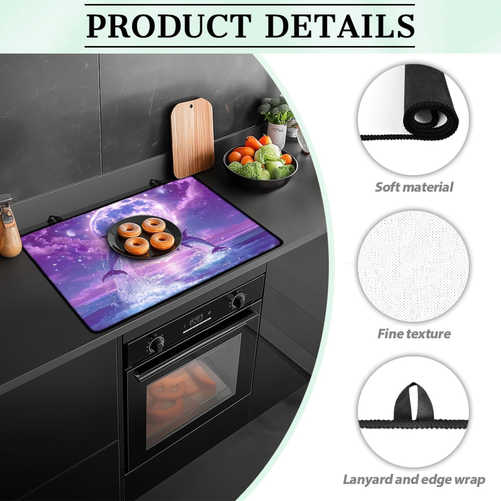Xoenoiee Dolphin Moon Cloud Print Stove Top Cover for Electric Stove, Silicone Stove Mat for Glass Top Stove, Glass Cooktop Protector Dish Drying Mats Range Covers for Electric Stover