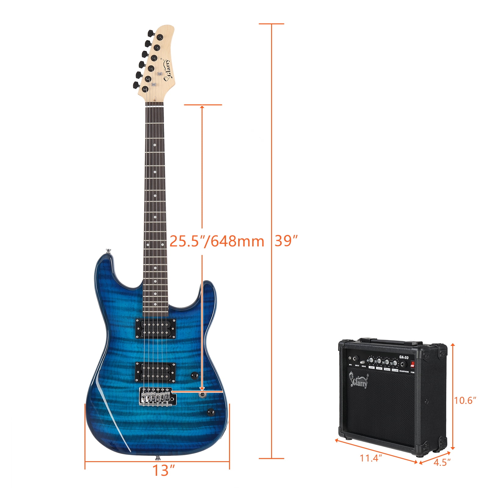 Electric Guitar Kit with 20W AMP Bag Guitar Strap, GST Stylish H-H Pickup Tiger Stripe Blue