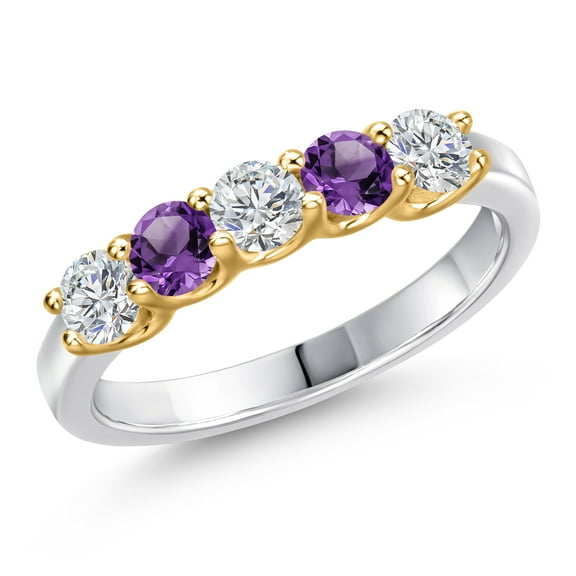 Gem Stone King 10K Two Tone Gold Lab Grown Diamond and Purple Amethyst Wedding-Bands Ring for Women | 0.83 Cttw | Round 3.5MM | Gemstone April Birthstone | Size 5