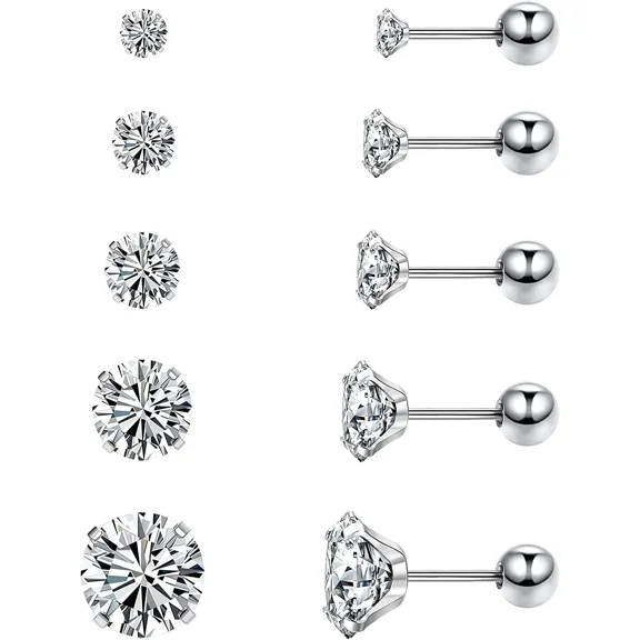 Nmkwnr 5 Pairs 2-6MM 316L Steel Earring Round Cubic Zirconia Earring 14K Plated Ball Stud Earring Set for Women Men, Silver