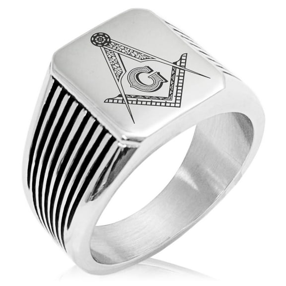 Stainless Steel Freemasons Masonic Floral Compass Needle Stripe Pattern Biker Style Polished Ring