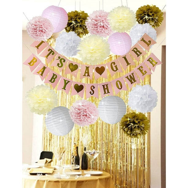 Baby Shower Decorations for Girl - Pink and Gold Baby Shower Decoration It’s A Girl & Baby Shower Banner with Paper Lantern Pompoms Flowers