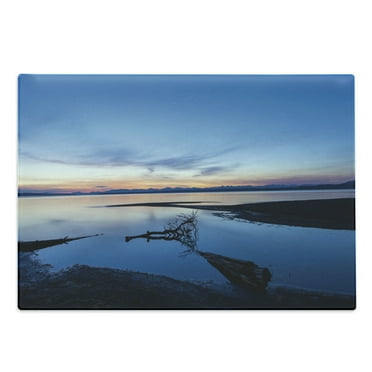 Yellowstone Cutting Board, Lake Horizon Clear Sky Mother Earth Natural Landmark Tree Branch Dawn Picture, Decorative Tempered Glass Cutting and Serving Board, Large Size, Blue Orange, by Ambesonne