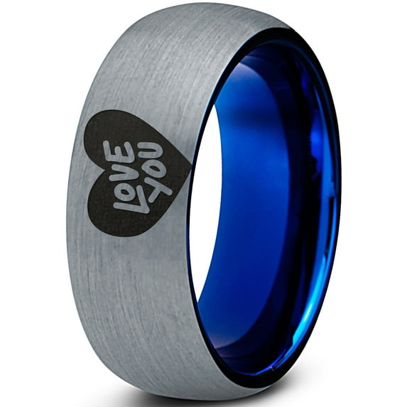 Tungsten Love You Heart Band Ring 8mm Men Women Comfort Fit Blue Dome Brushed Gray Polished