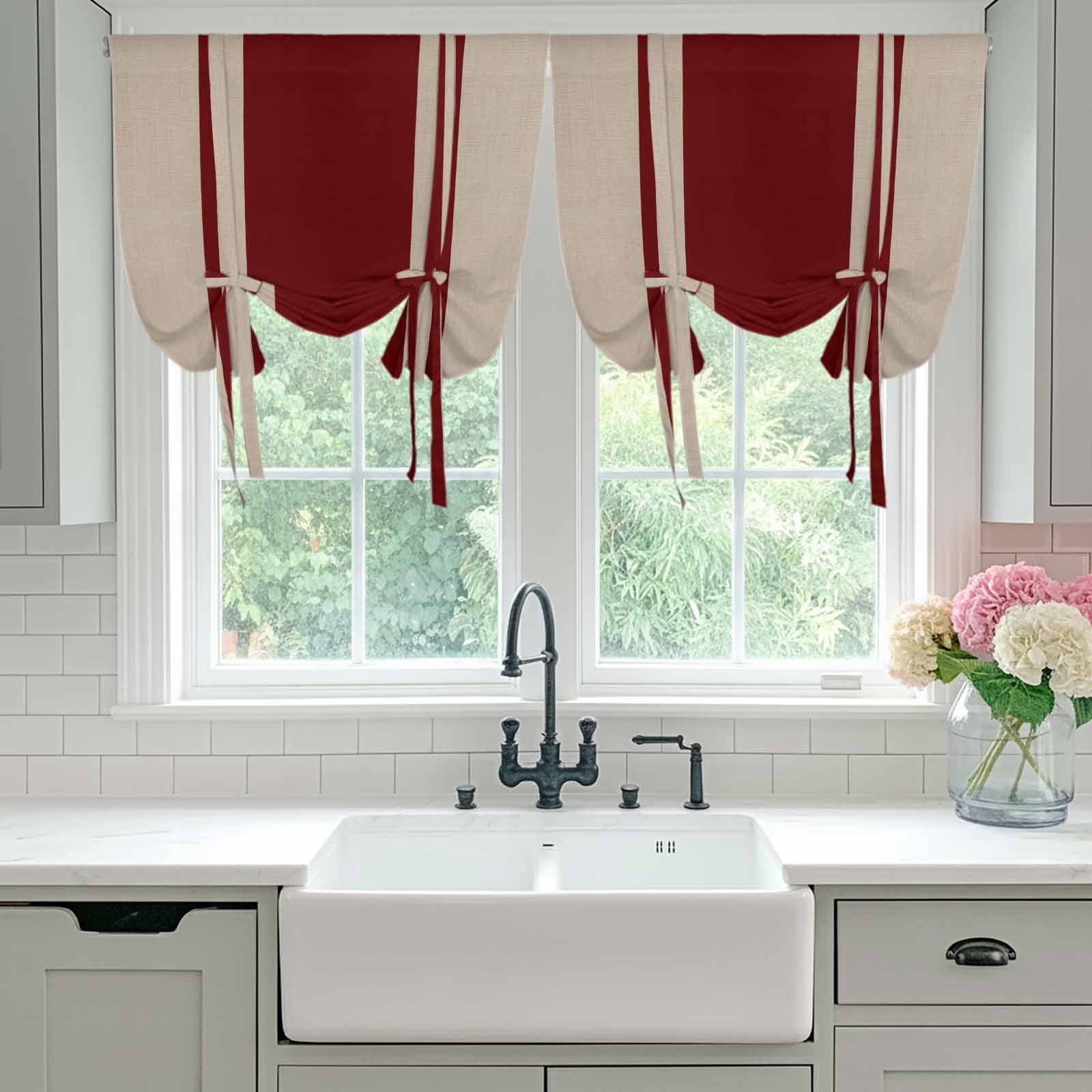 Red Vertical Stripes Tie Up Curtain for Window, Abstract Vintage Linen Texture Minimalist Adjustable Tie Up Balloon Curtain Valances Rod Pocket Window Treatment for Kitchen Bathroom Bedroom 42"x63"