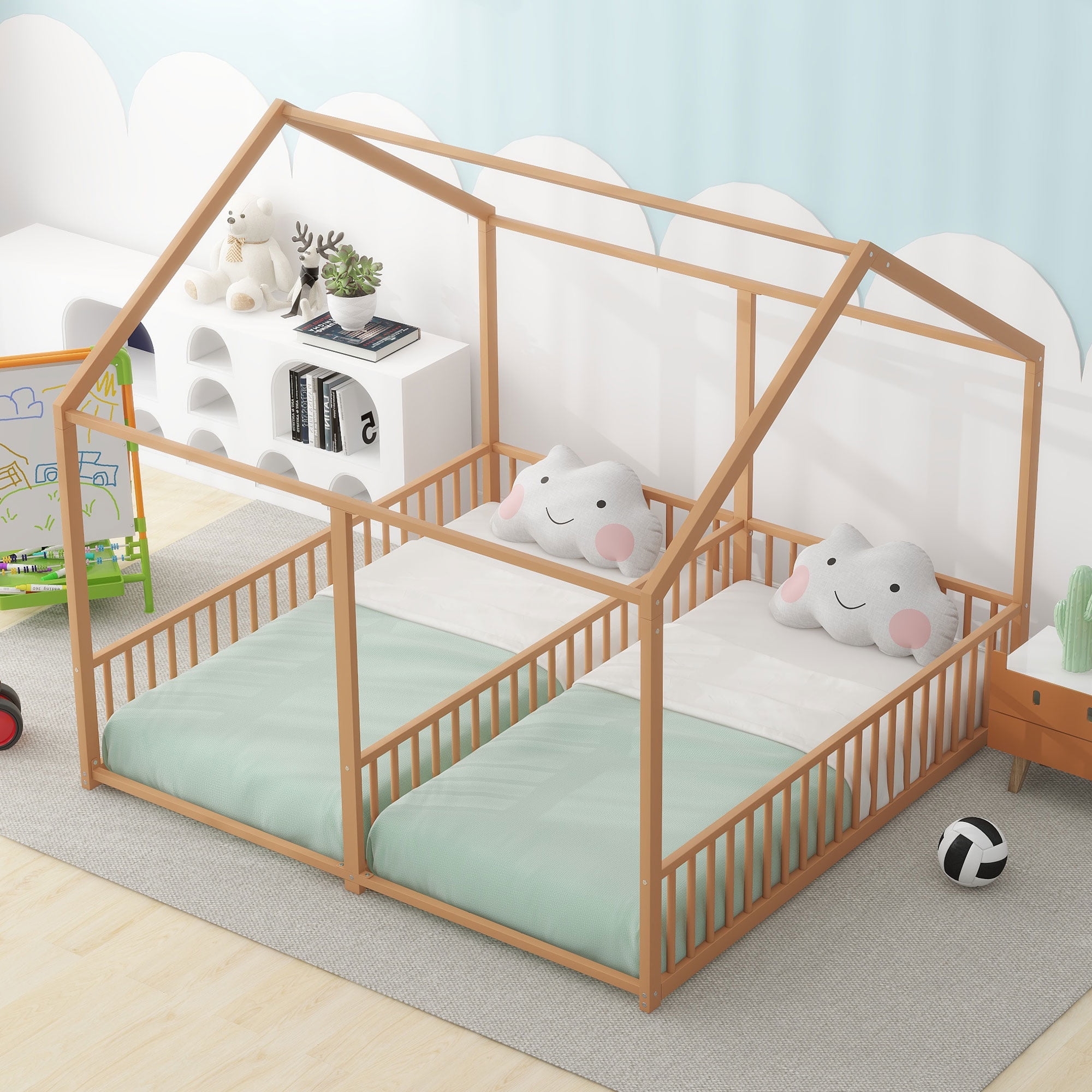 Euroco Metal Twin Size House Canopy Bed, 2-in-1 Platform Beds for Kids Teens Room, Gold