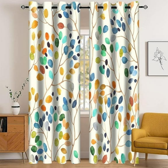 Boho Colorful Leaf Floral Blackout Curtains, Watercolor Bohemian Flower Print Window Drapes For Living Room Bedroom Decor 53"W x 84"L (Pack of 2)