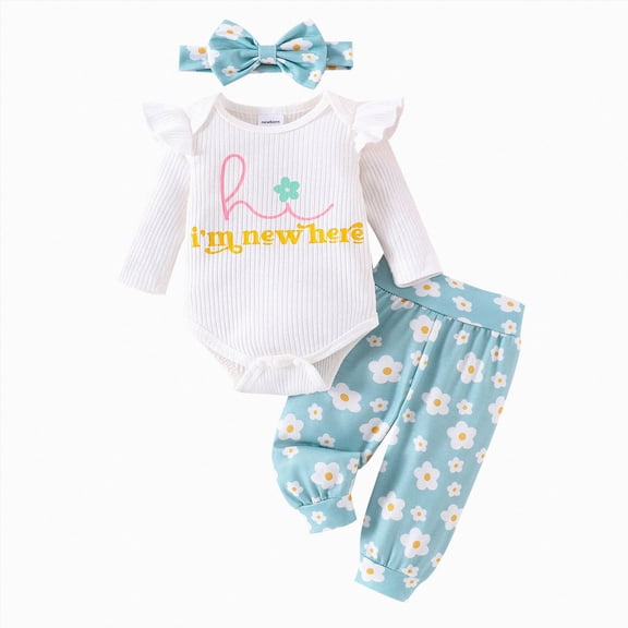 CAICJ98 Newborn Baby Girl Clothes Long Sleeve Rib Knit Romper Daisy Print Pants Infant Girl Outfit with Headband 0-6 Months