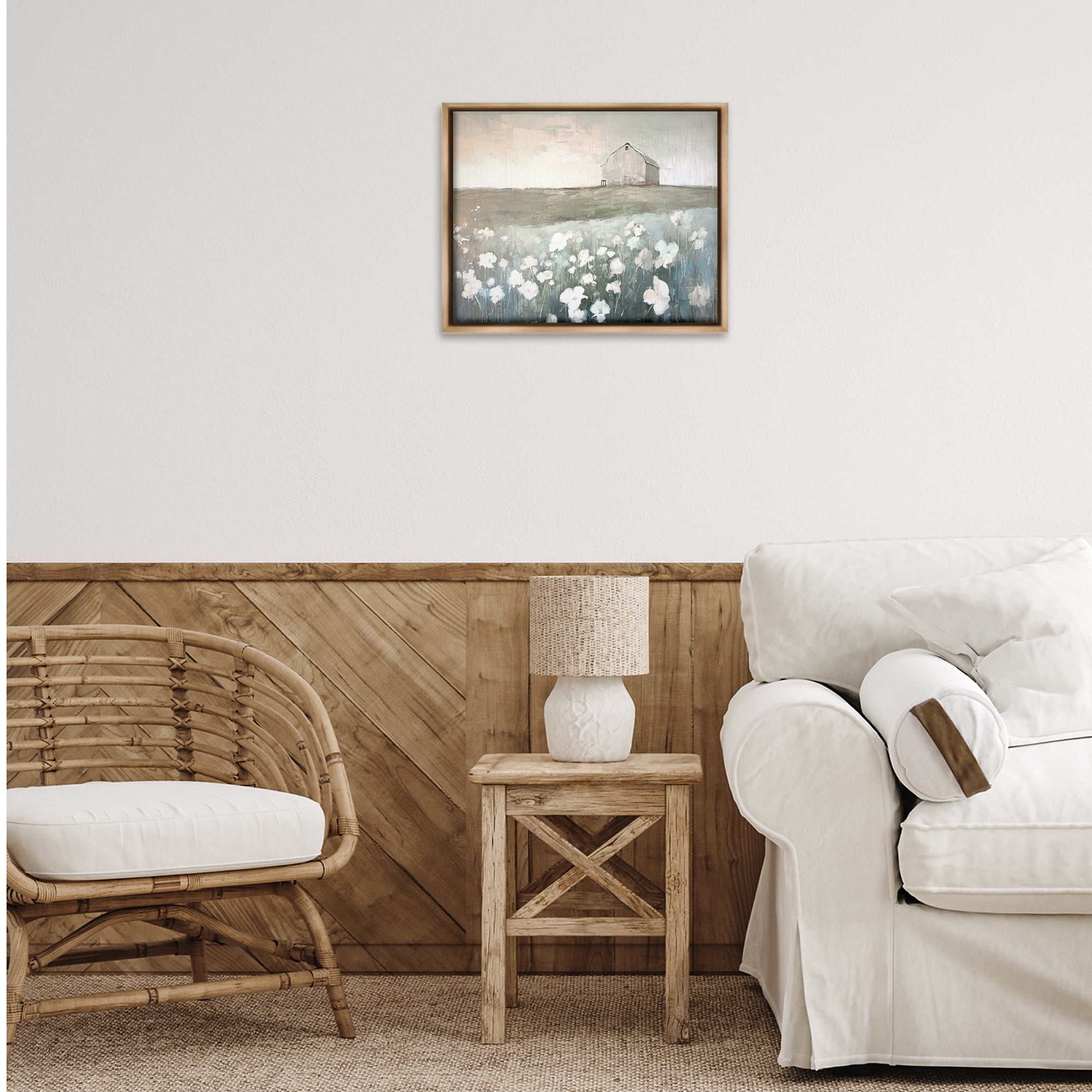 Stupell Industries Peaceful Floral Pasture Landscape Painting Brown Floater Framed Canvas Art Print Wall Art, 21 x 17