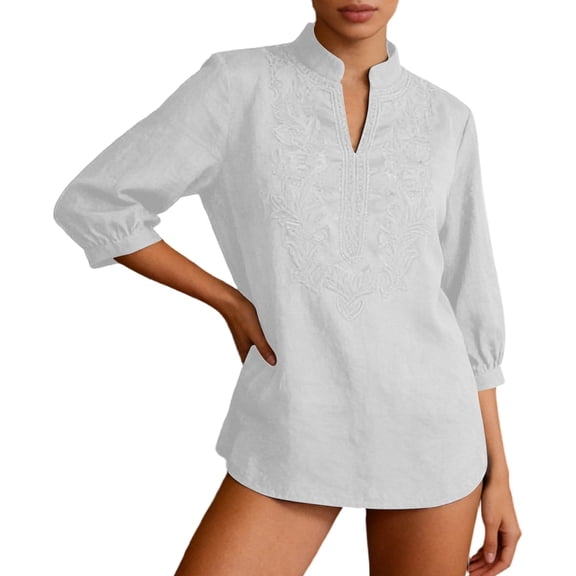 Womens Plus Size Summer Tops 100% Cotton Embroidered Tunic 3/4 Sleeve Loose Fit Blouse