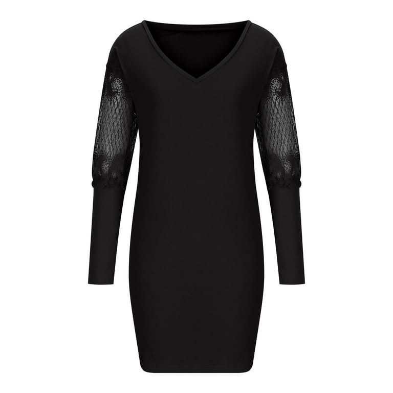 cfhntfmh Party Dresses for Women Fashion Deep V Neck Lace Cutout Long  Sleeve Mini Dress Soft Slim Cocktail Club Bodycon Dress - Walmart.com