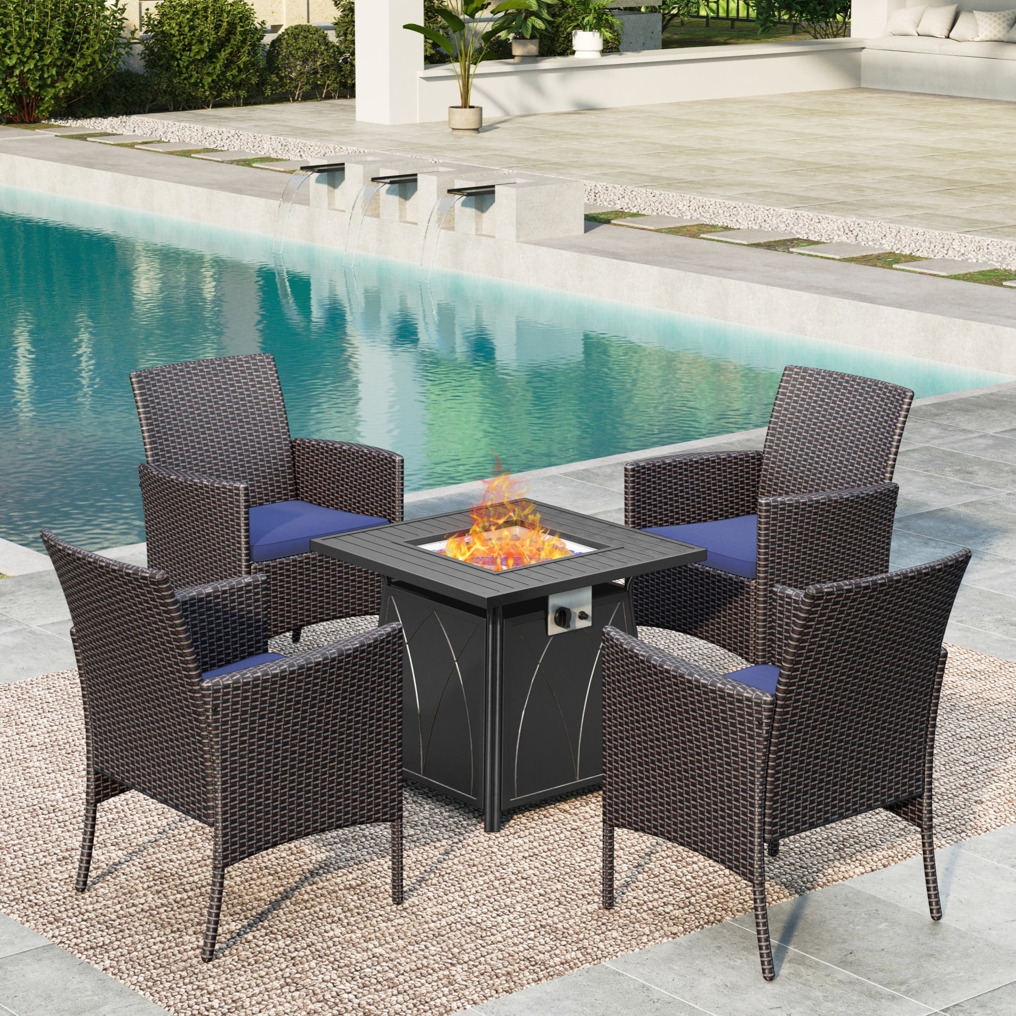 MF Studio 5-Piece Wicker Outdoor Conversation Set with Patio Chairs & 28-Inch Fire Pit Table, Dark Brown/Navy Blue