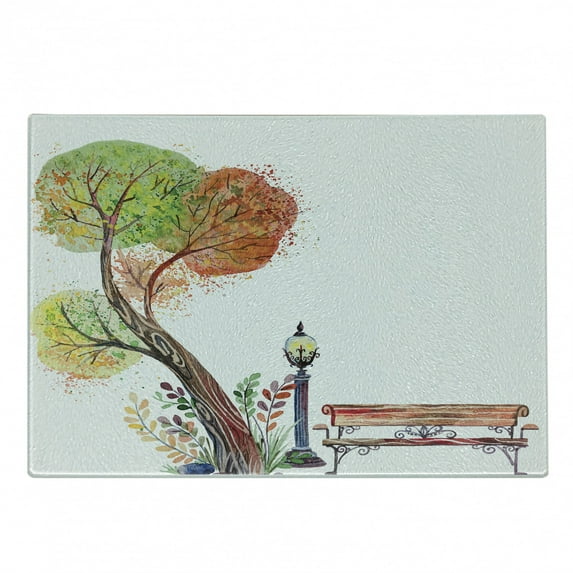 Forest Cutting Board, Autumn Day in the Park with Fall Leaves and Trees Hand Drawn Style Vintage Picture, Decorative Tempered Glass Cutting and Serving Board, Small Size, Green Brown, by Ambesonne