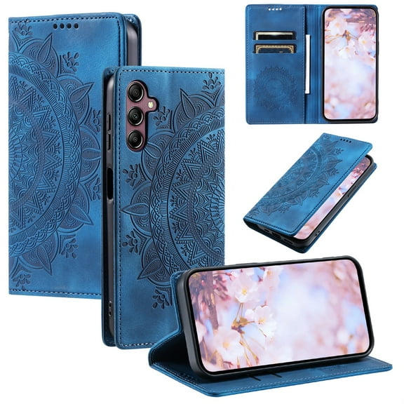 SaniMore for Samsung Galaxy S23 Case, PU Leather Embosed Mandala Flower Wallet Protective Phone Cover Card Slots Pocket Purse Women Men Kickstand Vintage Shockproof Anti-fall Shell, Blue