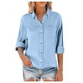 thumbnail image 3 of Classic Linen Cotton Shirt for Women Soft Button Down Top Everyday Essential Sky Blue S, 3 of 9